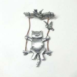 Cat in a Tree Swing Pin Vintage JJ Jonette Brooch Swinging